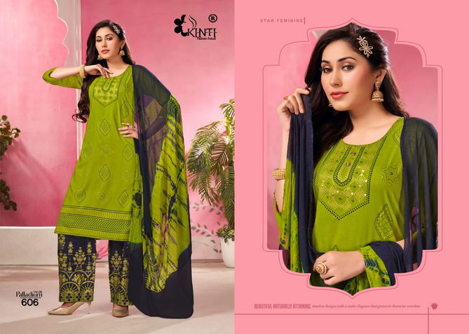 Palladium Vol 6 By Kinti Rayon Foil Printed Kurti Palazzo With Dupatta Wholesale Market In Surat
